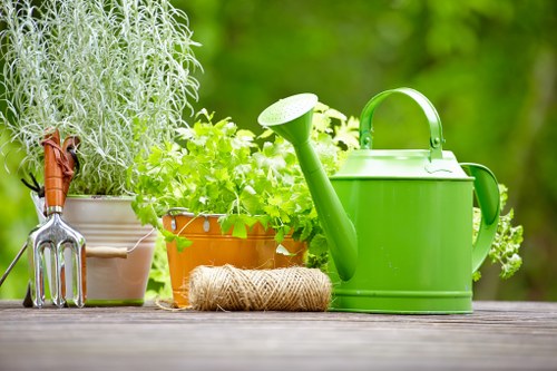 A close-up of a neat outdoor gardening setup on a wooden surface in Stoke Newington, featuring a vibrant green watering can, a coiled natural twine, and various potted herbs and plants, including lavender with grey-green foliage in a tall, ripe flower pot, and lush green leafy herbs in smaller containers, all set against a blurred background of greenery and trees, indicating a well-maintained garden or backyard space suitable for gardening and lawn care services offered by Hedge Trimming Stoke Newington. The scene highlights organized outdoor garden tools and healthy plant growth, with natural daylight illuminating the arrangement, emphasizing a tidy and vibrant garden area in a London suburb.